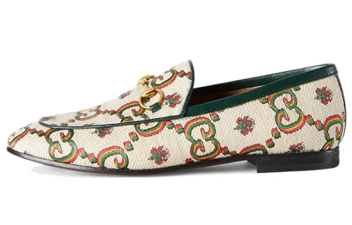 GUCCI Jordaan Leather Loafers Women's Beige Green 100th Anniversary