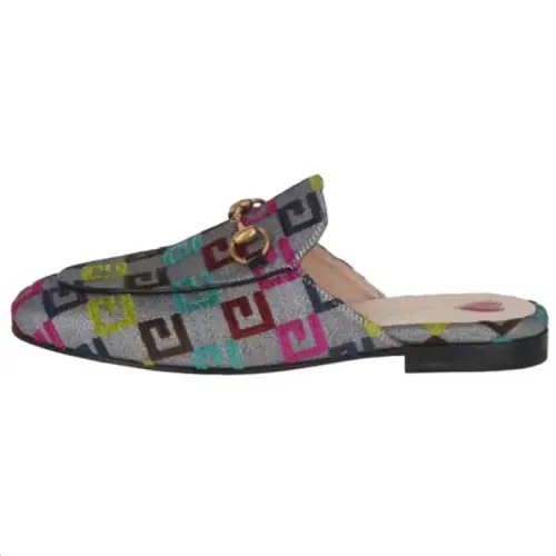 GUCCI Lurex Embroidered Princetown Mules Silver Women's