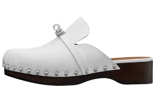 HERMES Leather Closed Toe Slippers Women's White