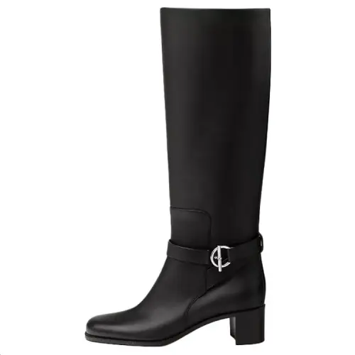 HERMES JUSTINE Calfskin Knee high Boots 5CM Women's Black