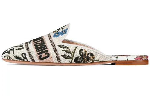 DIOR Off Embroidered Totem Closed Toe Slippers Women's Ecru