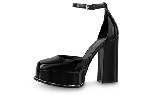 LOUIS VUITTON Leather Block Heel High Heels Women's Black