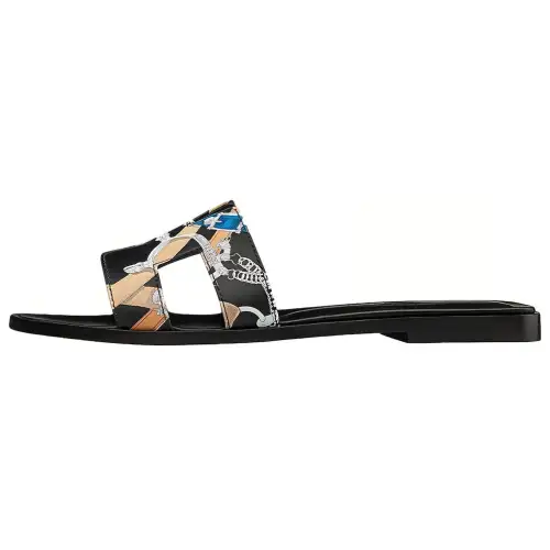 HERMES Oran Slide Slippers Women's Black White Blue