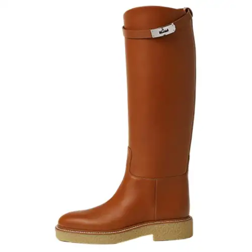 HERMES Honey Leather Knee high Boots Women's Brown