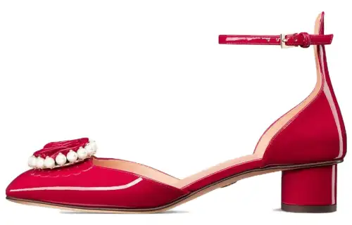 DIOR Rose Leather Flower Pearl Chunky Heel High Heels 3.5cm Women's Red