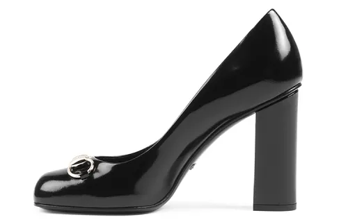 GUCCI Patent Leather Chunky Heel High Heels Women's Black