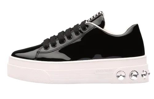MIU MIU Patent Leather Low top Stylish Skateboarding Shoes Women's Black White