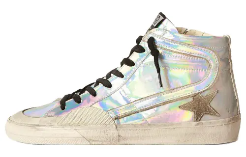 Golden Goose Slide Mid top Skateboard Shoes Men's Silver Distressed