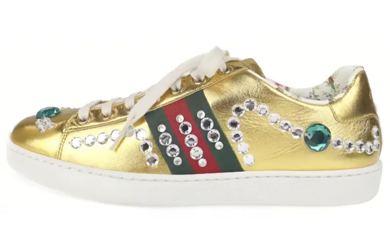 GUCCI ACE Bijou Sherry Leather Stylish Skateboarding Shoes Women's Gold