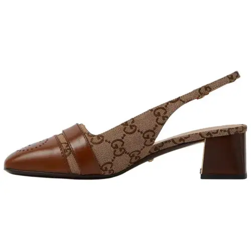 GUCCI Leather Block Heel High Heels Women's Brown