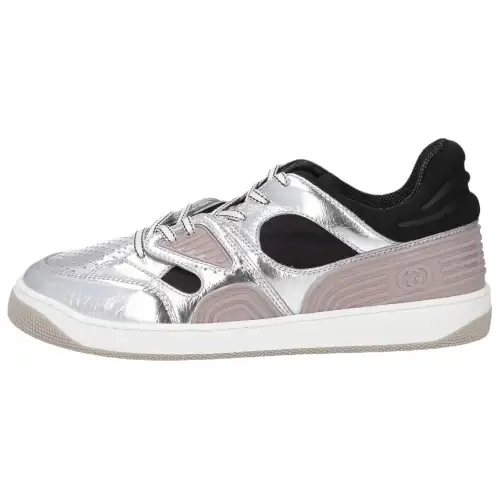 GUCCI Leather Low top Skateboard Shoes Men's Silver Pink