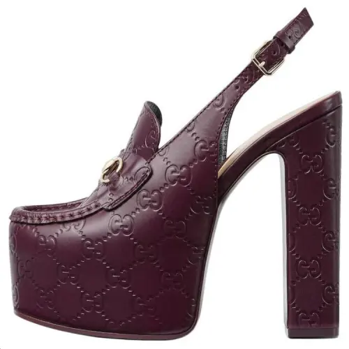 GUCCI Horsebit Leather Chunky Heel High Heels 14.5cm Women's Dark Purple
