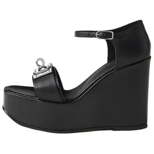 HERMES Hilda Leather One Strap Sandals 12cm Women's Black