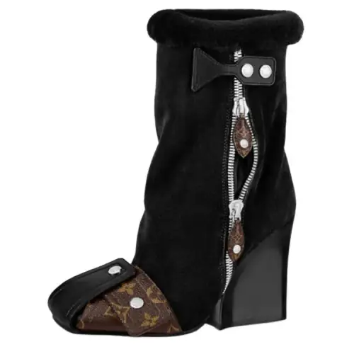 LOUIS VUITTON Patti Leather Abrasion Resistant Mid Calf Boots Women's Black Brown