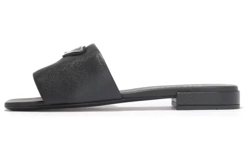 PRADA Logo Slide Sandals Black Saffiano Leather
