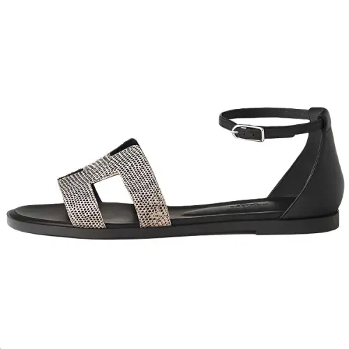 HERMES Santorini Lizard Skin One Strap Sandals 1CM Women's Black