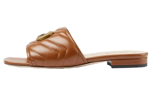 GUCCI Double G Slide Sandal Brown Leather