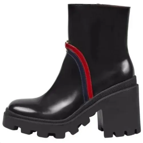 GUCCI Web Stripe Leather Ankle Boots Women's Black