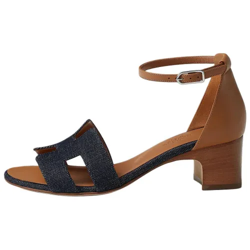 HERMES Encens Denim One Strap Sandals 5CM Women's Dark Blue