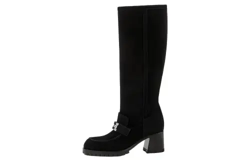 HERMES Folie 60 Suede Knee high Boots Women's Black
