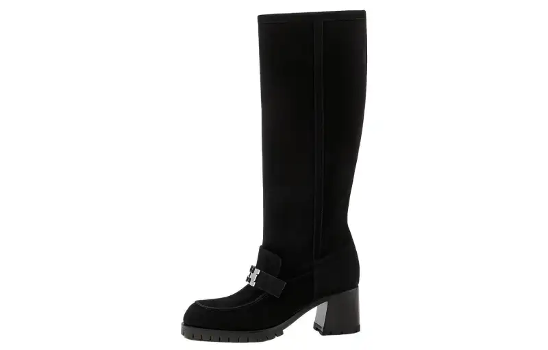 HERMES Folie 60 Suede Knee high Boots Women's Black