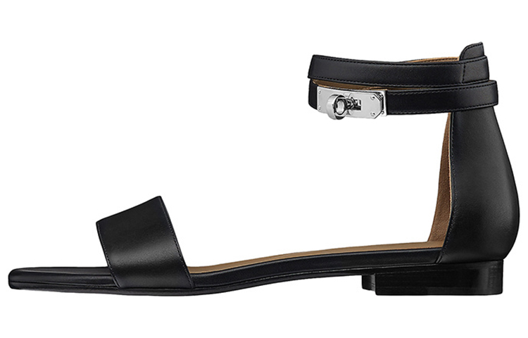 HERMES Top Grain Cow Leather One Strap Sandals Women's Black