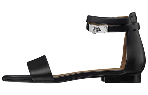 HERMES Top Grain Cow Leather One Strap Sandals Women's Black