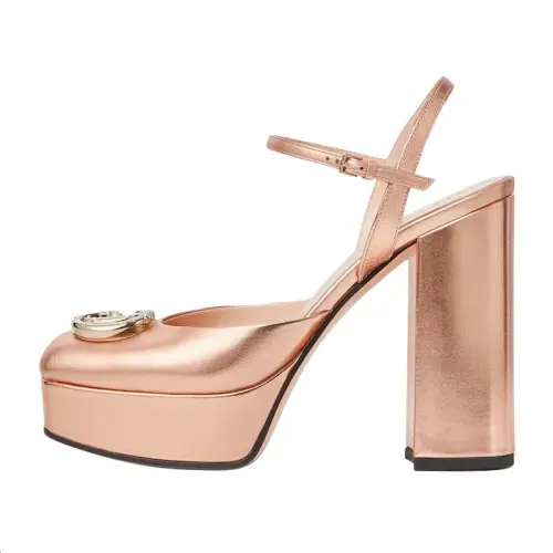 GUCCI Nojum Leather Chunky Heel High Heels 11.5cm Women's Rose Gold