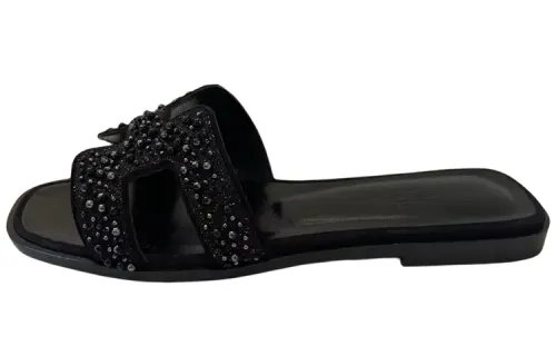HERMES Oran Open Toe Slide Slippers Women's Black