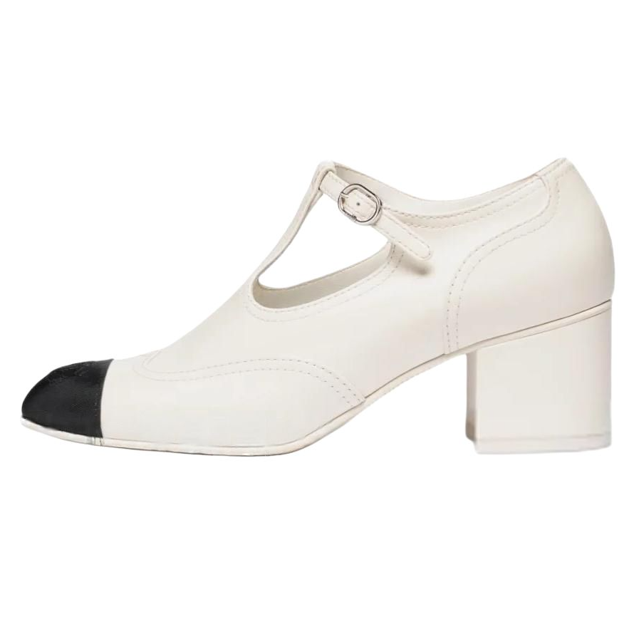 CHANEL 25S Leather Chunky Heel Mary Jane Shoes 6CM Women's White