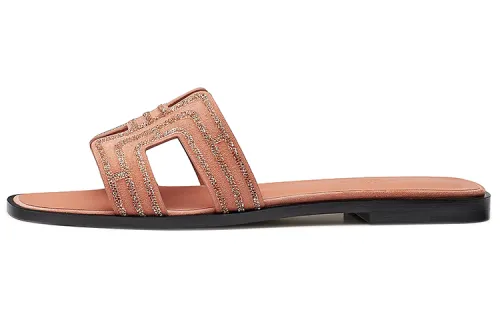 HERMES Oran Comfortable Rhinestone Slide Slippers Women's Dawn Pink