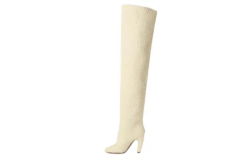 Bottega Veneta Canalazzo Leather Woven Knee High Boots 10cm Women's White
