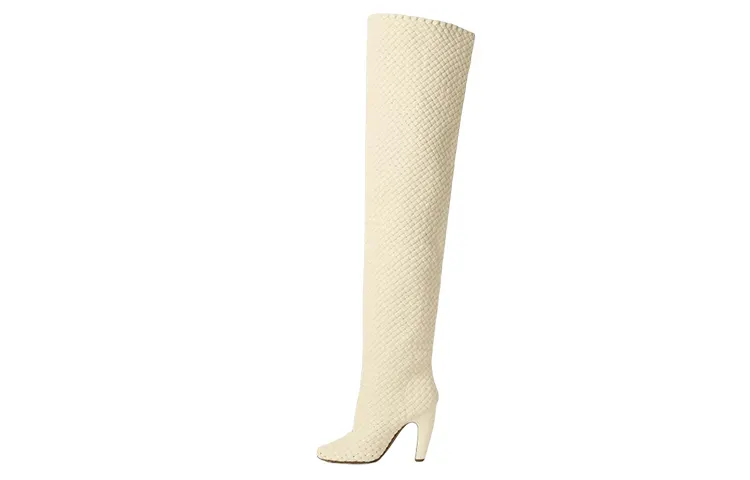 Bottega Veneta Canalazzo Leather Woven Knee High Boots 10cm Women's White