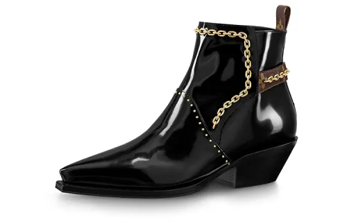 LOUIS VUITTON Matador Ankle Boots 'Black With Gold Chain And Monogram Straps' Women's