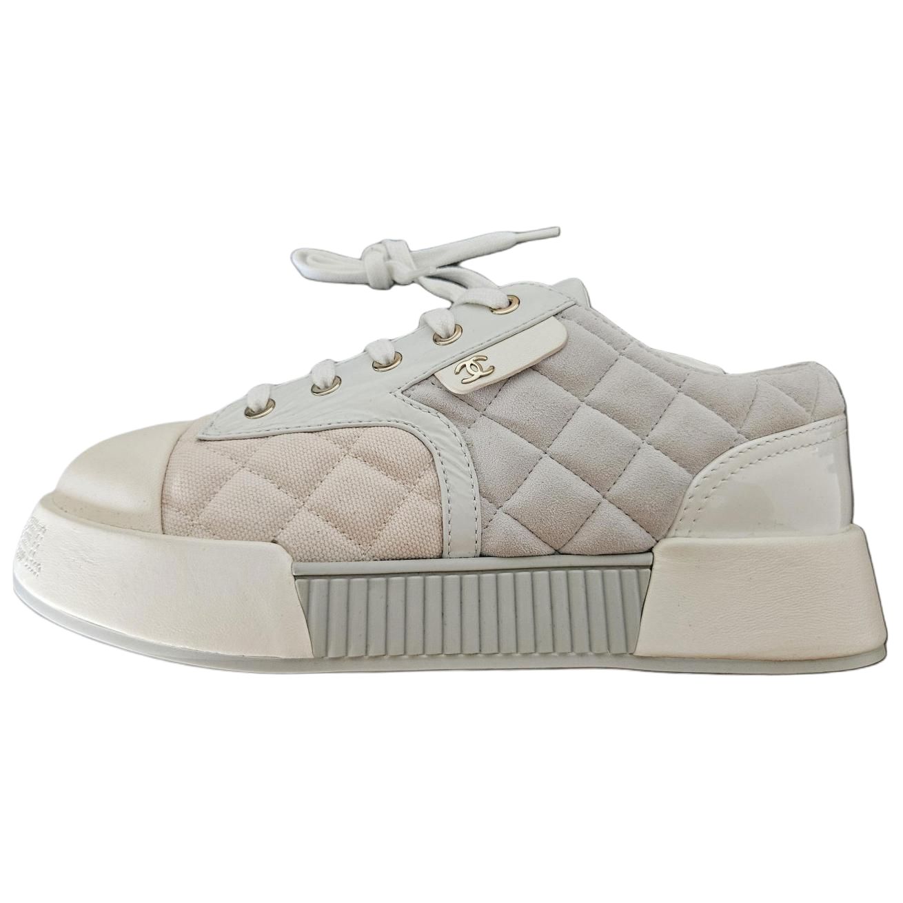CHANEL Textile, Cow Leather Skateboard Shoes Women's White