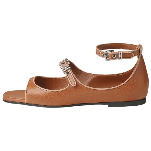 HERMES Kristen One Strap Sandals 0.5cm Women's Chestnut Brown & Beige