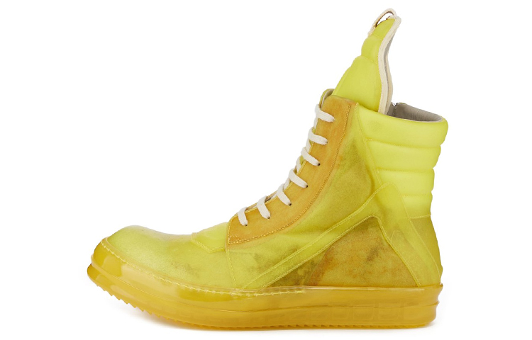 RICK OWENS/RO Geobasket Cow Leather High top Stylish Skateboarding Shoes Men's Yellow Distressed