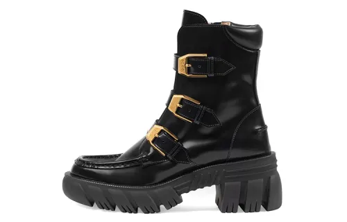 GUCCI Leather Buckle Ankle Boots Women's Black