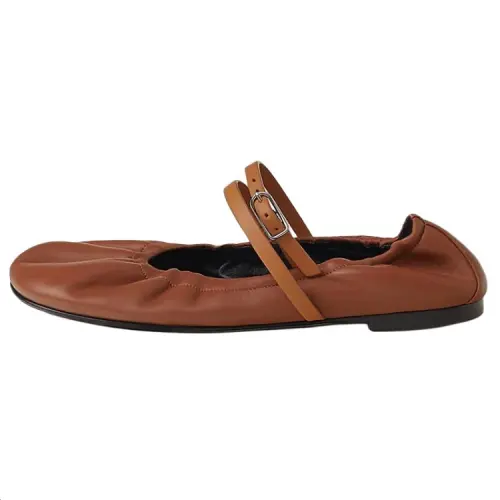 HERMES Jolly Leather Flat Mary Jane Shoes Women's Brown