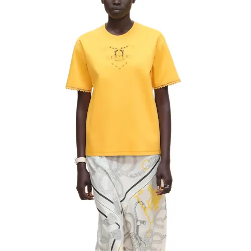 HERMES T Shirts Women's Yellow Crew Neck Moderate Straight Fit