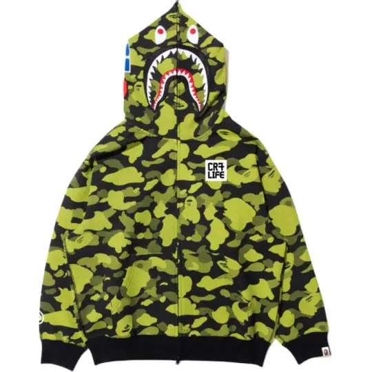 A BATHING APE x CR7 LIFE совместная модель FW25, камуфляжная толстовка с капюшоном и логотипом акулы, мужской стиль