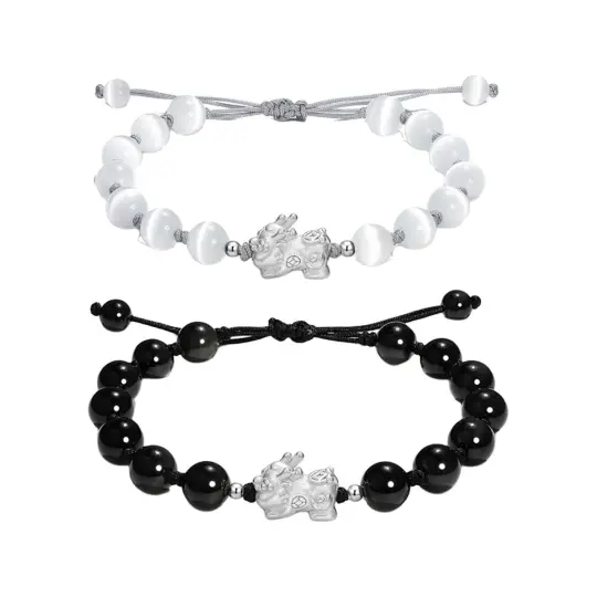 YINCHIE 999 Fine Silver Glass Cat's Eye Obsidian Beaded Bracelets Unisex