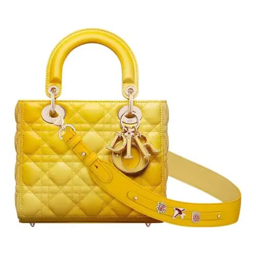 DIOR Lady Dior Lambskin Shoulder Bag Handbag Small Women's Yellow