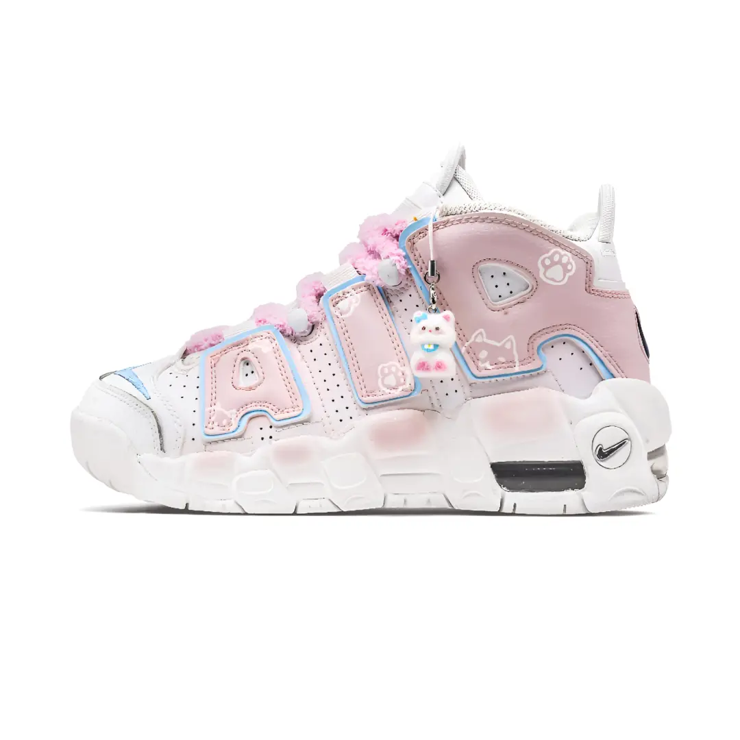 Nike Air More Uptempo Velvet Rabbit Pink Leather Abrasion Resistant Mid top Vintage Basketball Shoes Women's White Pink