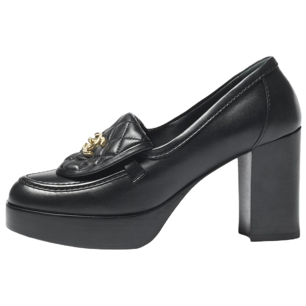 CHANEL 25B Leather Chunky Heel High Heels 7.1cm Women's Black