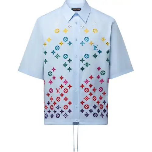 LOUIS VUITTON Monogram Flowers Embroidered Short Sleeved Shirt