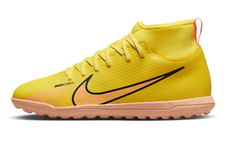 Nike JR Superfly 9 Mercurial 15 Club TF round toe comfortable anti-slip shock absorption wear-resistant mid-top children's football shoes yellow pink children's style