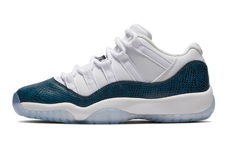 Jordan Air Jordan 11 Low \"Navy Snakeskin\" Synthetic leather, trendy and versatile, 2019 version, shock-absorbing, low-top, children's basketball shoes, blue and white, same style for men and women