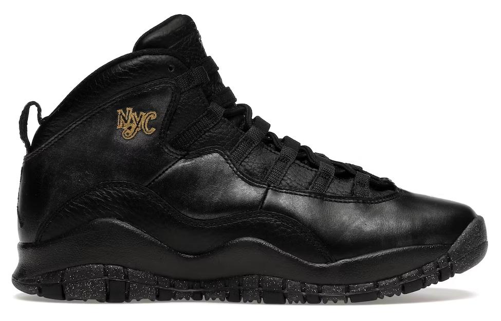 Кроссовки Jordan JordanAir Jordan 10 Retro New York City NYC 2016 GS (черные) — 黑/深灰色/金属黄金 — фото 2