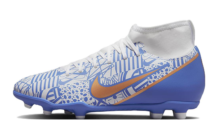 Nike Mercurial Superfly 9 Mercurial 15 Club CR7 round toe laces anti-kick wrapping mid-top children's football shoes blue and white children's style